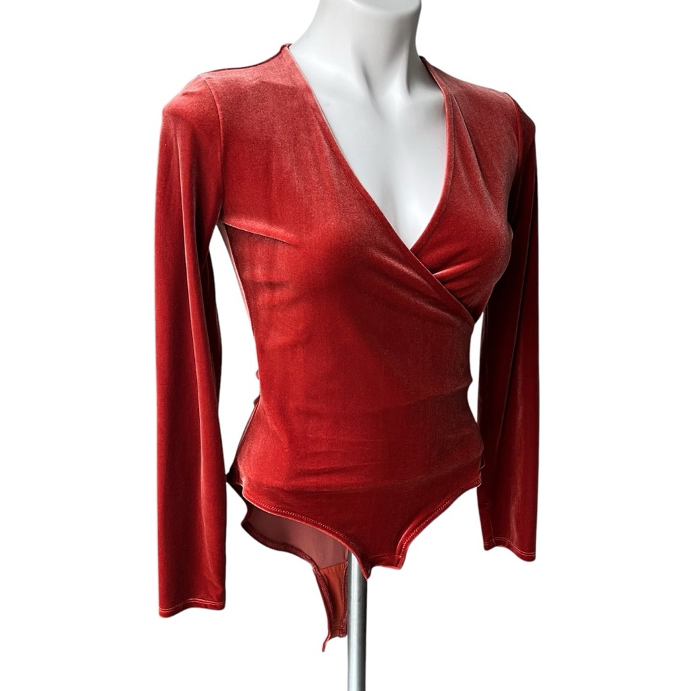 Madewell Rusty Orange Long Sleeve Velvet Wrap Bodysuit, Sz S - Picture 6 of 15